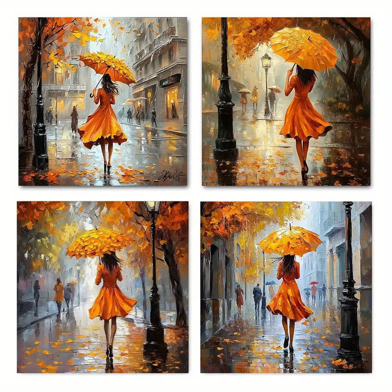 4pcs Autumn Street Scene Vintage Abstract Canvas Wall Art Canvas Framed