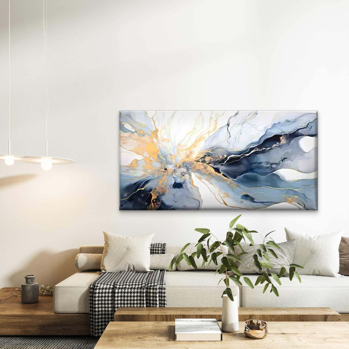 Abstract Fluid Art in Blue Wall Art Canvas Office Home Room Framed 120x60cm