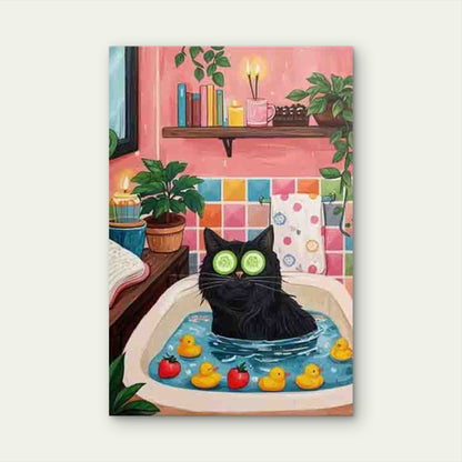 Black Cat with Cucumber in Bathtub 60x90cm Metal Print Ready to Hang