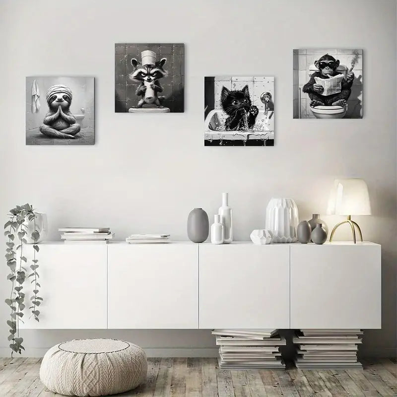 4pcsWhimsical Monkey Cat Raccoon Wall Art Canvas Framed
