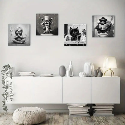 4pcsWhimsical Monkey Cat Raccoon Wall Art Canvas Framed
