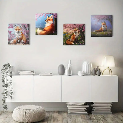 4pcs Vibrant Fox Themes With Cherry Blossoms Wall Art Canvas Framed