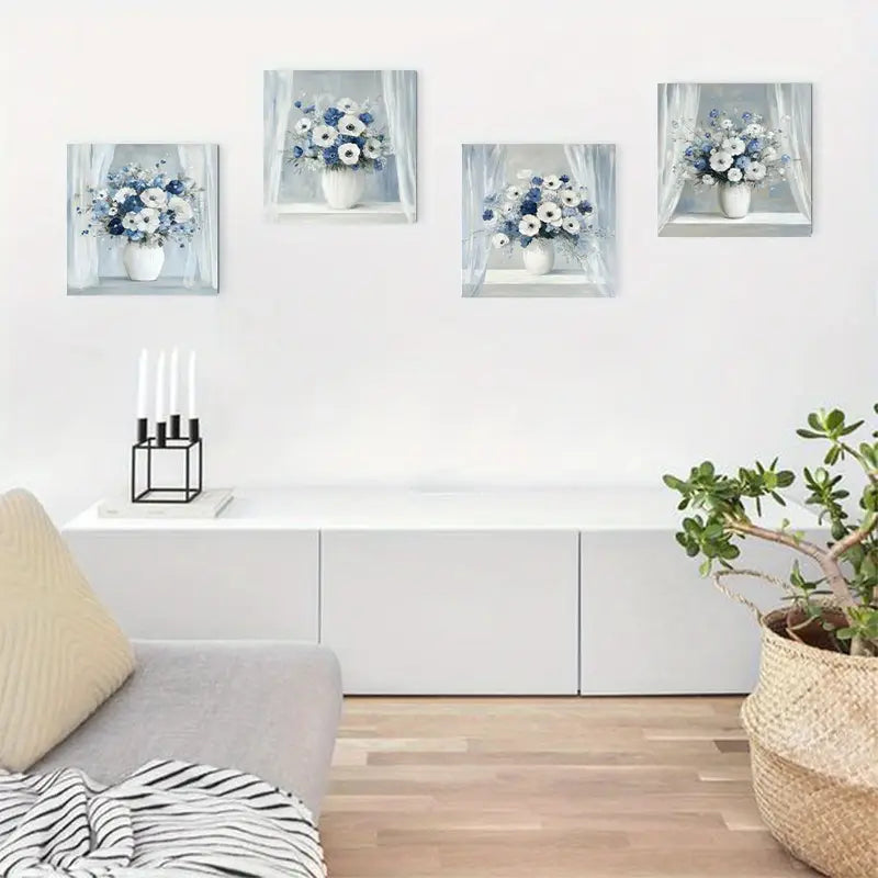 4pcs Elegant Blue And White Floral Wall Art Canvas Framed