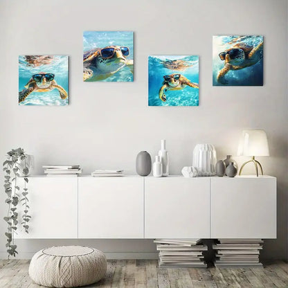 4pcs Turtle with Glasses Ocean Wall Art Canvas Framed