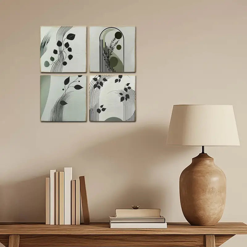 4pcs Green Leaves Art With Black Lines Wall Art Canvas Framed