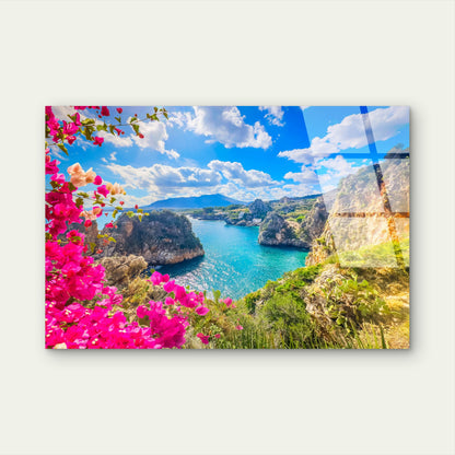 Tonnara di Scopello Sicily Bougainvillea Acrylic Glass Printing Wall Art Australian Made Quality