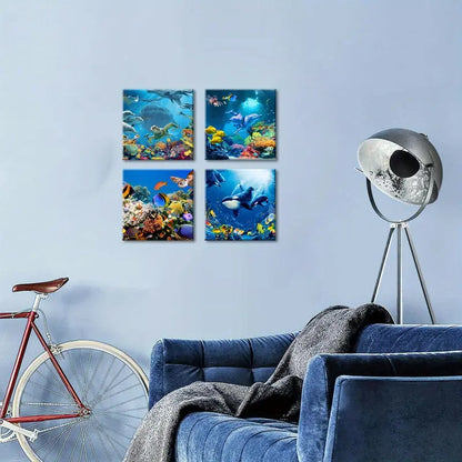 4pcs Sea Dolphin Picture Wall Art Canvas Framed
