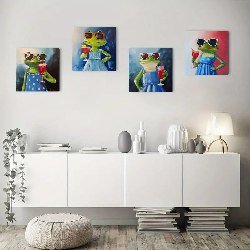 4pcs Glasses Frog Drink Wall Art Canvas Framed