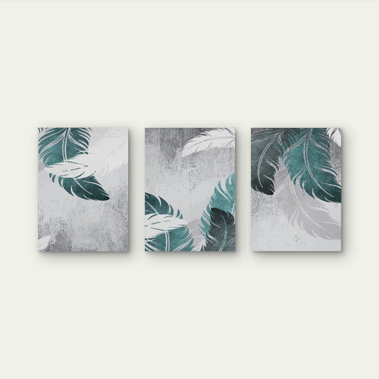 3pcs Boho Teal Gray Feather Abstract Wall Art Set Canvas Framed 50x70cm - High Quality Print 100% Australian Made Wall Canvas Ready to Hang