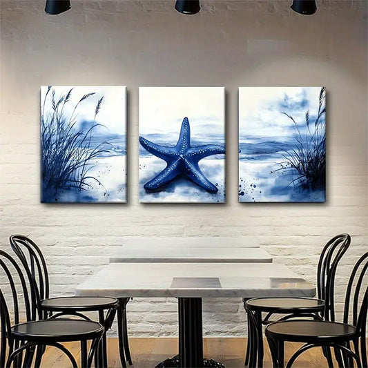 3pcs Tranquil Blue Sea and Grass Starfish Metal Print Ready to Hang Art