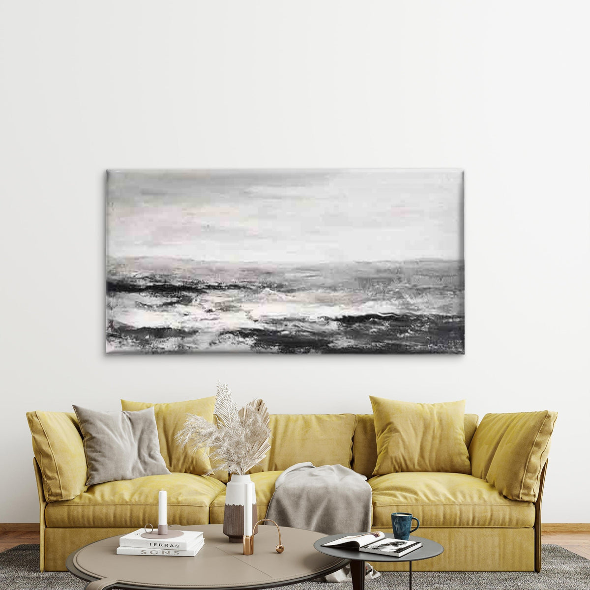 Black and White Coastal Wave Wall Art Canvas Office Home Room Framed 120x60cm