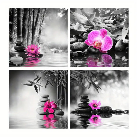 4pcs Stone Paintings, Bamboo,Pink Orchid Flowers Wall Art Canvas Framed