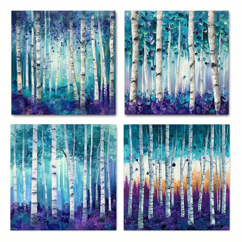 4pcs  Turquoise Birch Forest   Abstract  FG  Wall Art Canvas Framed