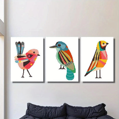 3pcs Geometric birds cross stitch pattern animal Metal Print Ready to Hang Art