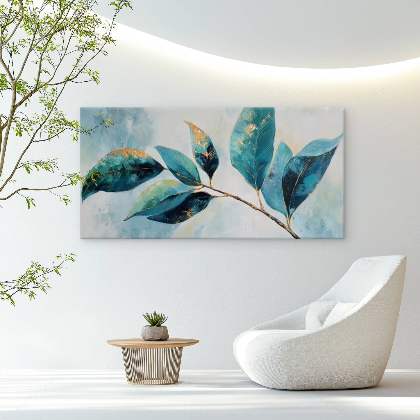 Teal Green Leaf Design Wall Art Canvas Office Home Room Framed 120x60cm