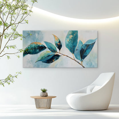Teal Green Leaf Design Wall Art Canvas Office Home Room Framed 120x60cm