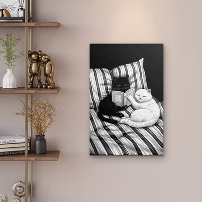 Black and White Cat Reading Book 60x90cm Metal Print Ready to Hang