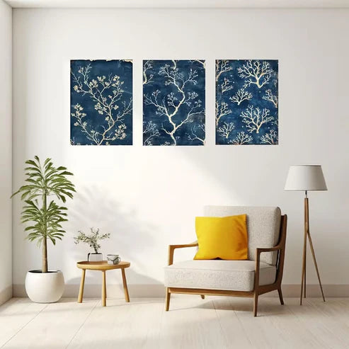 3pcs Blue And White Tree Branches Wall Art Set Canvas Framed 50x70cm - High Quality Print 100% Australian Made Wall Canvas Ready to Hang
