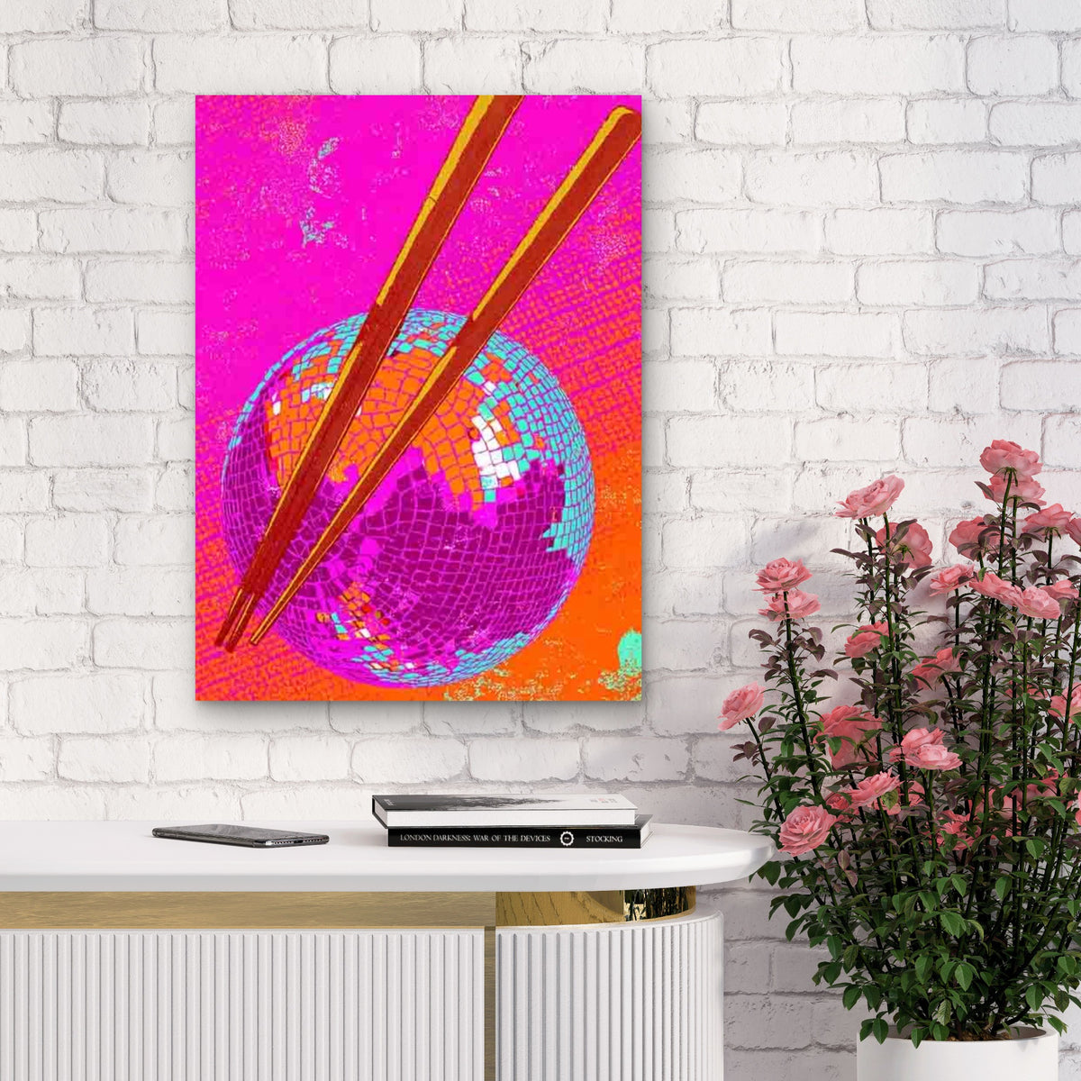 Retro Disco Ball & Chopsticks Metal Print Ready to Hang