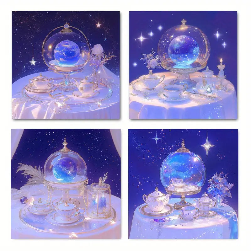 4pcs  Crystal Globe, Starry Night Sky & Teacup Designs Wall Art Canvas Framed