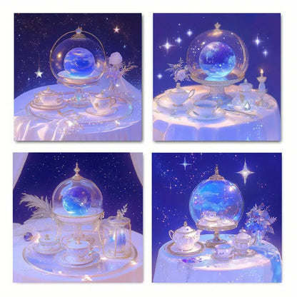 4pcs  Crystal Globe, Starry Night Sky & Teacup Designs Wall Art Canvas Framed