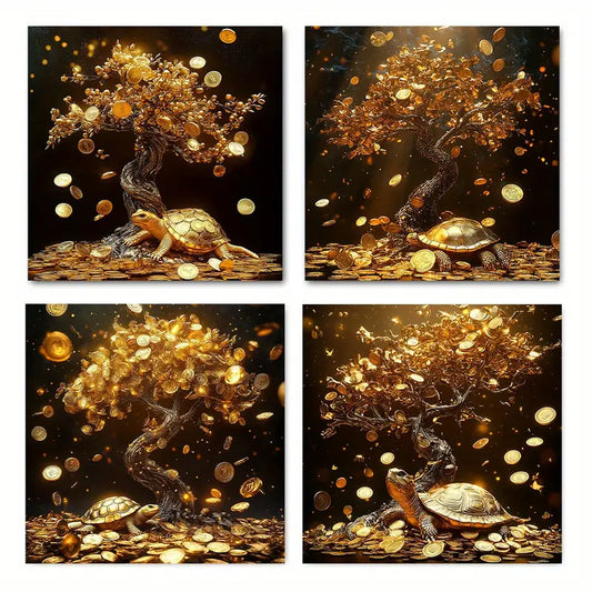 4pcs Golden Tree Golden Turtl  Wall Art Canvas Framed