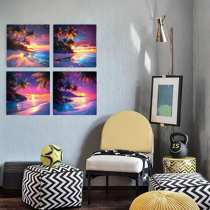 4pcs  Beach palm trees sea sunset  gj    Wall Art Canvas Framed