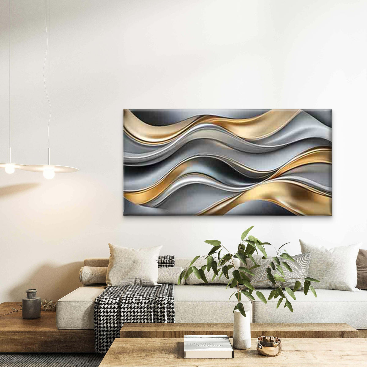Flowing Wave Pattern Golden Wall Art Canvas Office Home Room Framed 120x60cm