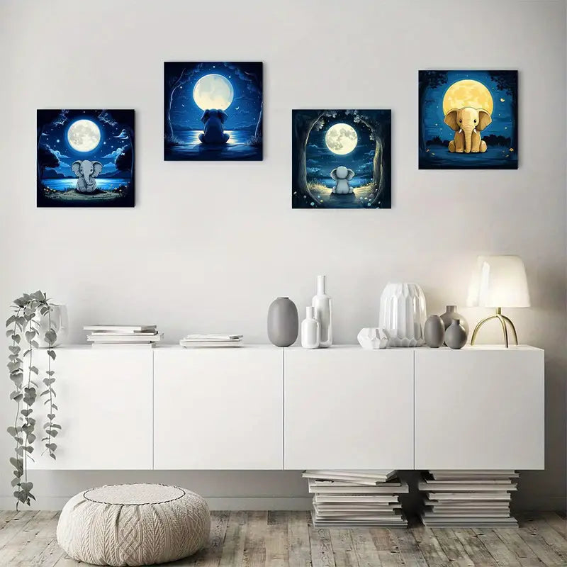 4pcs Blue Bright Night Scenery Elephant Moon Wall Art Canvas Framed