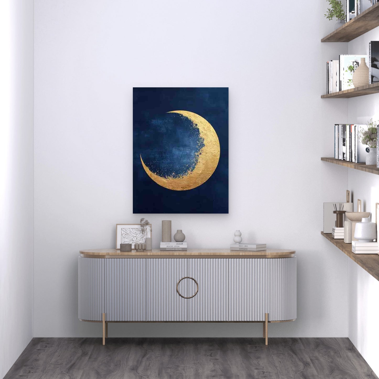 Navy Blue & GoldenCrescent Moon 60x90cm Metal Print Ready to Hang