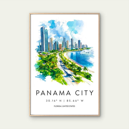 Panama City Florida Coastal Skyline View Travel Poster Print Wall Art