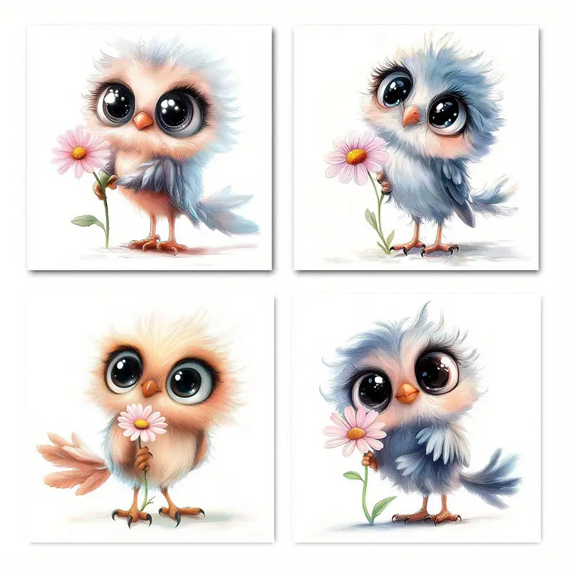 4pcs Funny Birds With Flower Picture Wall Art Canvas Framed