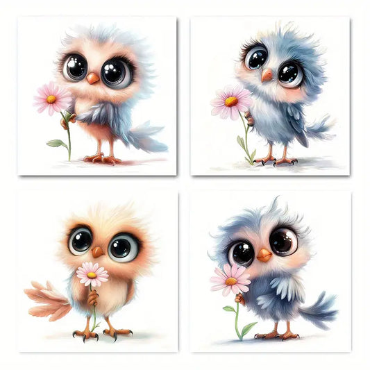 4pcs Funny Birds With Flower Picture Wall Art Canvas Framed