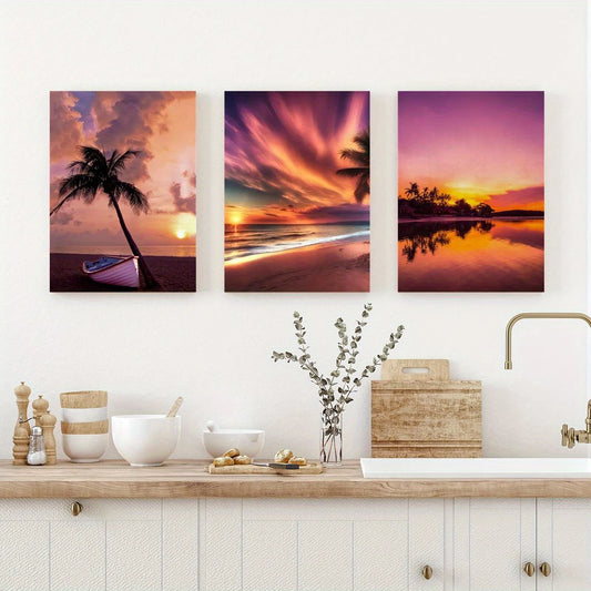 3pcs Palm Tree & Boat, Vibrant Sunset & Ocean Scenes Metal Print Ready to Hang Art