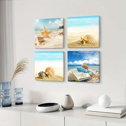 4pcs Beach Themed  Starfish & Seashell  Wall Art Canvas Framed
