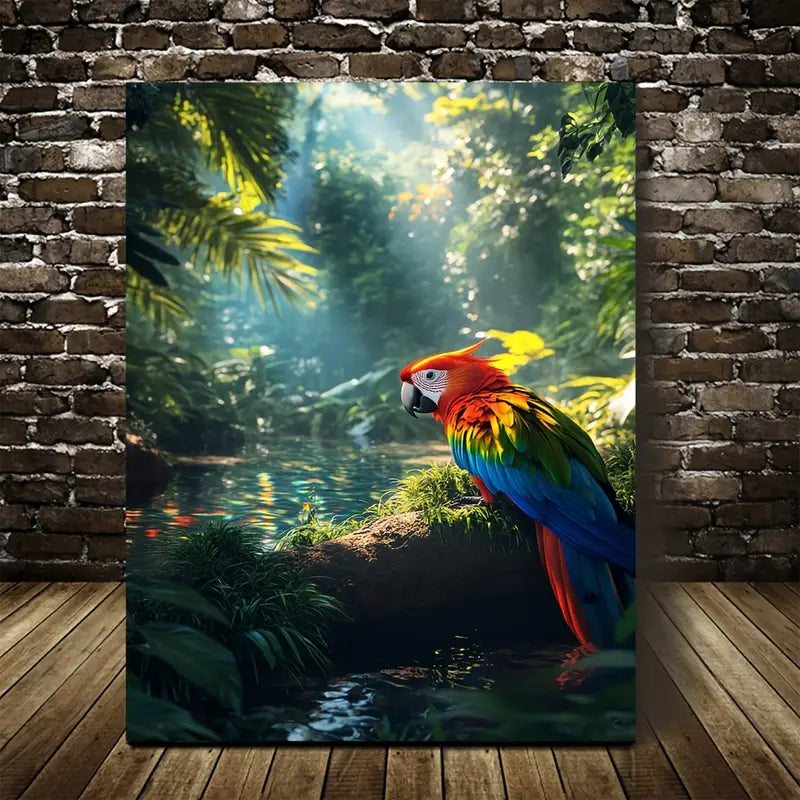 Vibrant Parrot in Jungle Scene with Rainbow 40x60cm Metal Print Ready to Hang