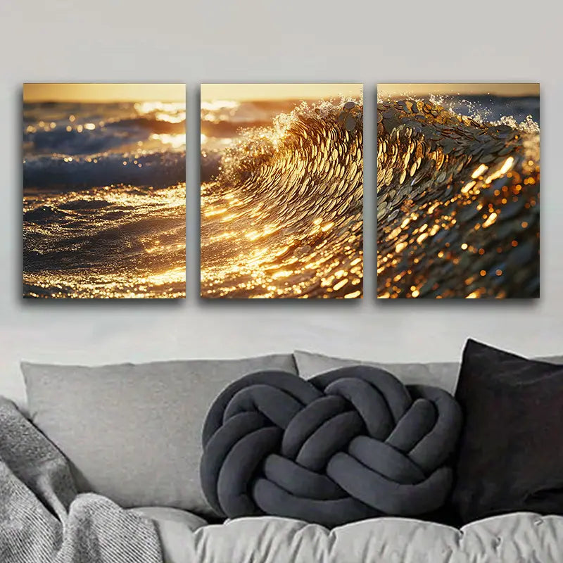 3pcs Gold Coin Waves Metal Print Ready to Hang Art