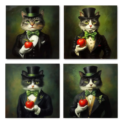 4pcs Formal Attire Cats with Apples, Vibrant Gree Wall Art Canvas Framed