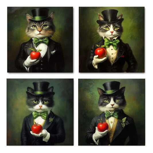 4pcs Formal Attire Cats with Apples, Vibrant Gree Wall Art Canvas Framed
