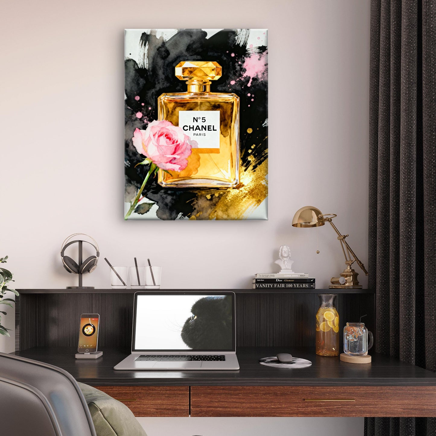 High End brand Perfume bottle with a pink rose Canvas Print Fashion Wall Art Decor 100% Australian Made