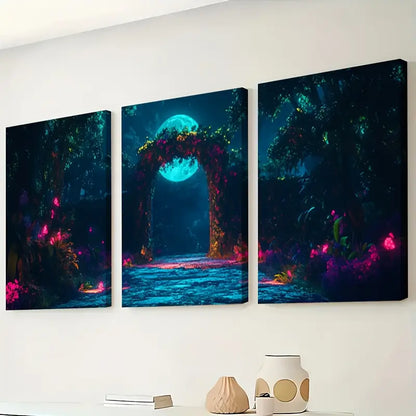 3pcs Moonlit Cedar Forest Wolves Scene Wall Art Set Canvas Framed 60x90cm - High Quality Print 100% Australian Made Wall Canvas Ready to Hang