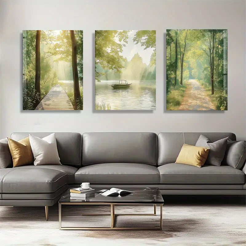 3pcs Tranquil Nature Scenes with Gentle Sunlight Calm Pathways Metal Print Ready to Hang Art