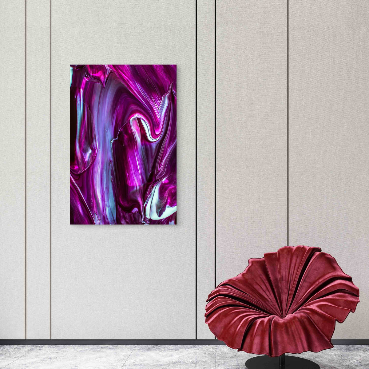 Close-Up of Purple, White, and Black Paint Swirls 60x90cm Metal Print Ready to Hang