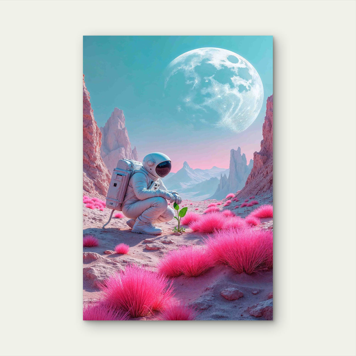 Astronaut Flower Pink Planet 60x90cm Metal Print Ready to Hang
