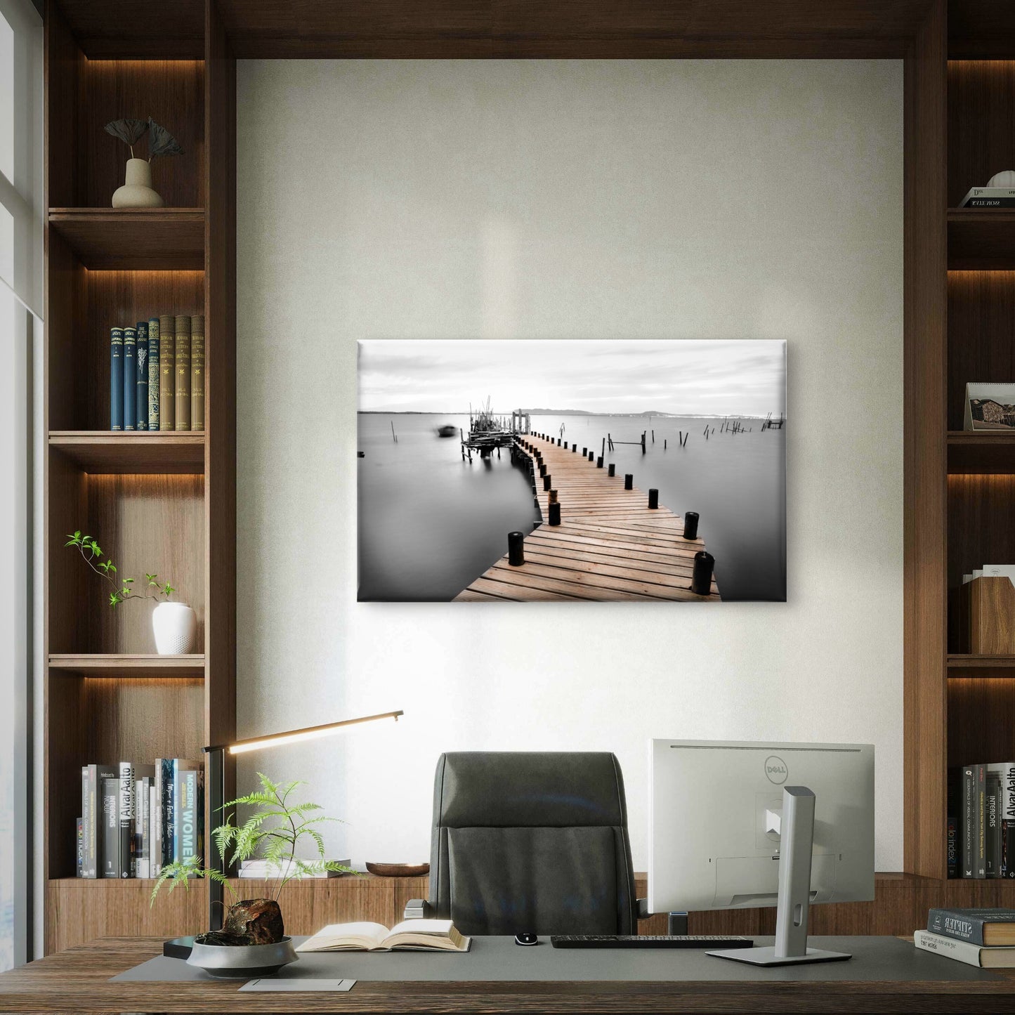 Black and White Wooden Pier Lake Wall Art Decor 100% Australian Made