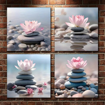 4pcs Pink for Lotus Stacked Zen Stones Wall Art Canvas Framed