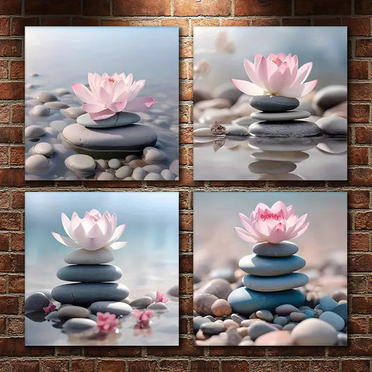 4pcs Pink for Lotus Stacked Zen Stones Wall Art Canvas Framed