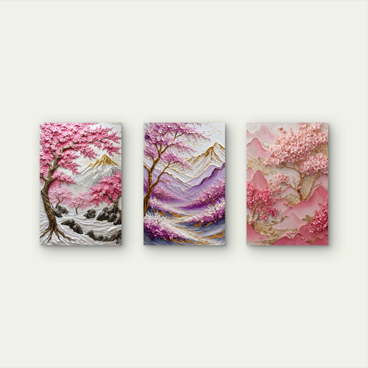 3pcs Sakura Tree Mountain Palette Knife Painting Wall Art Set Canvas Framed 50x70cm - High Quality Print 100% Australian Made Wall Canvas Ready to Hang