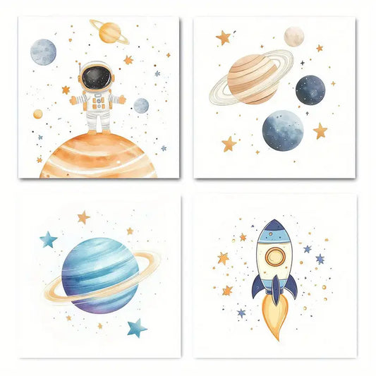 4pcsSolar System Spaceman Outer Spac Wall Art Canvas Framed