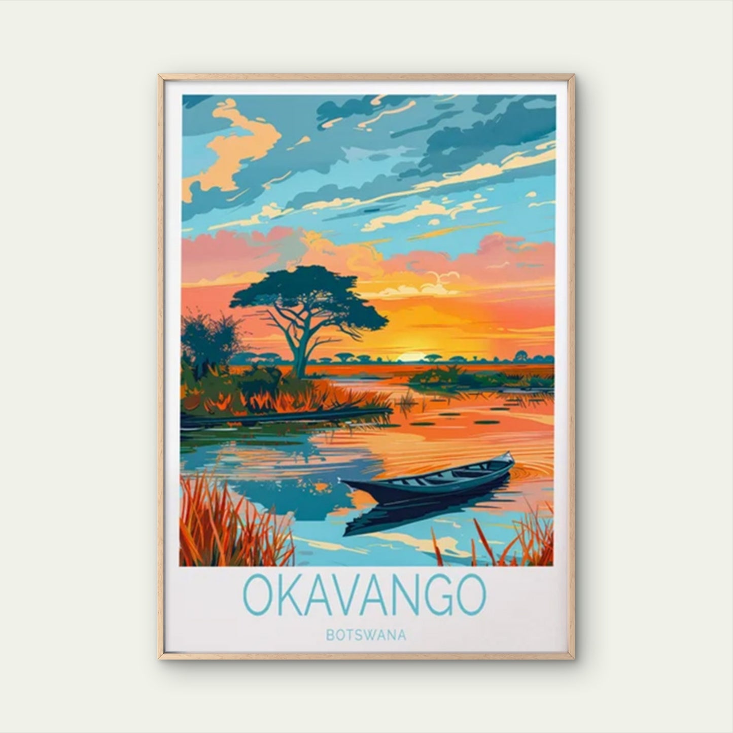 Okavango Botswana, Sunrise & Boat Paint Travel Poster Print Wall Art